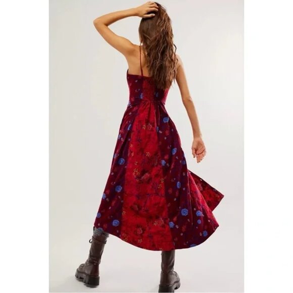 Free People Gail Midi Dress Sweetheart Grunge patchwork Corduroy Scarlet Combo S - Picture 6 of 13